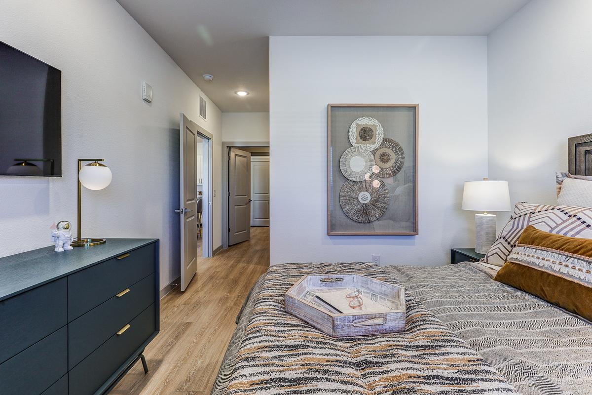 Staged bedroom with a walk-in closet